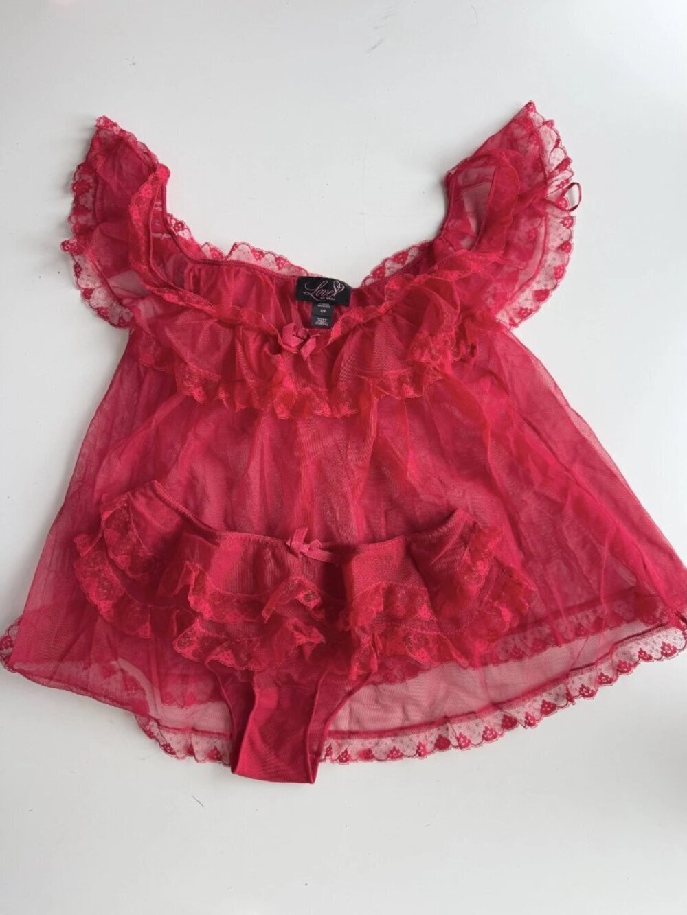 2pc LOVE BY LA SENZA Red Mesh Ruffle Lace Trim Babydoll Set, Size S